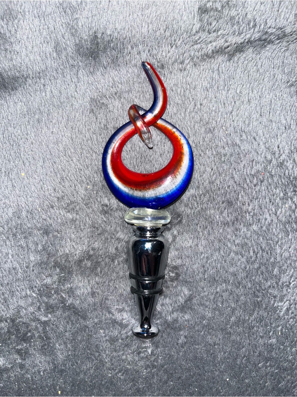 Hand Blown Art Glass Wine Bottle Stopper Red and Blue Swirl Decor